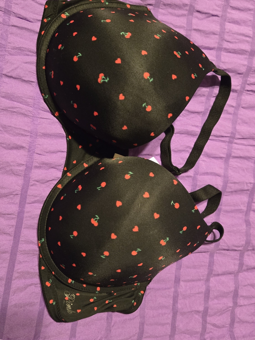PINK Victoria's Secret Black Bra with Red Cherry Motif
